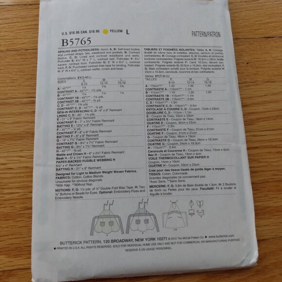 Apron Sewing Pattern Full Bib Size Small Medium Large Butterick 5765 UNCUT - Picture 8 of 12
